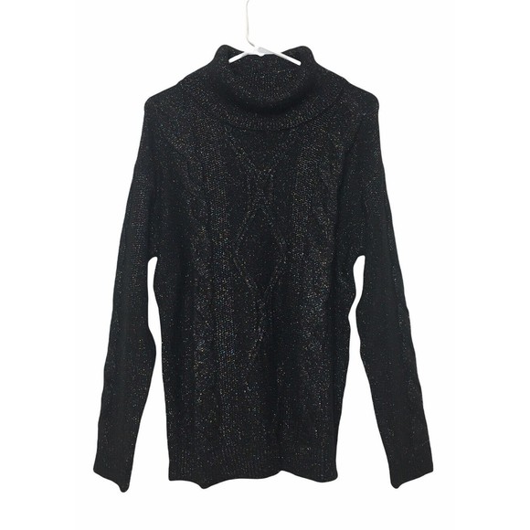 CHARTER CLUB Chunky knit Sweater Black Turtle Neck Metallic size M long sleeve - Picture 2 of 11